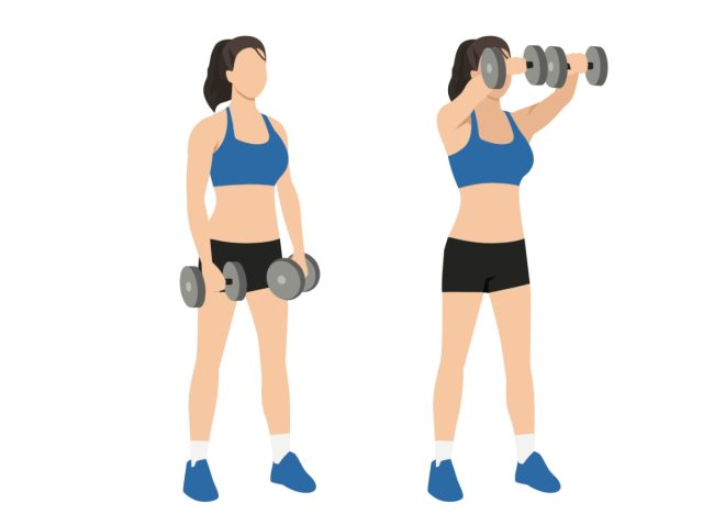 dumbbell front raise, concept of exercises for turkey wing arm fat
