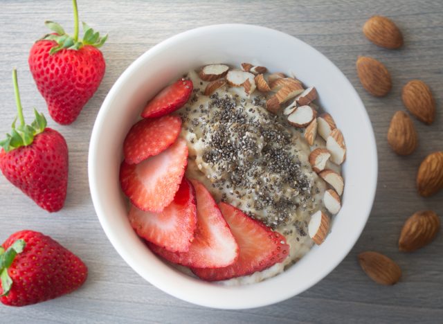 oatmeal with strawberries, chia seeds, and almonds